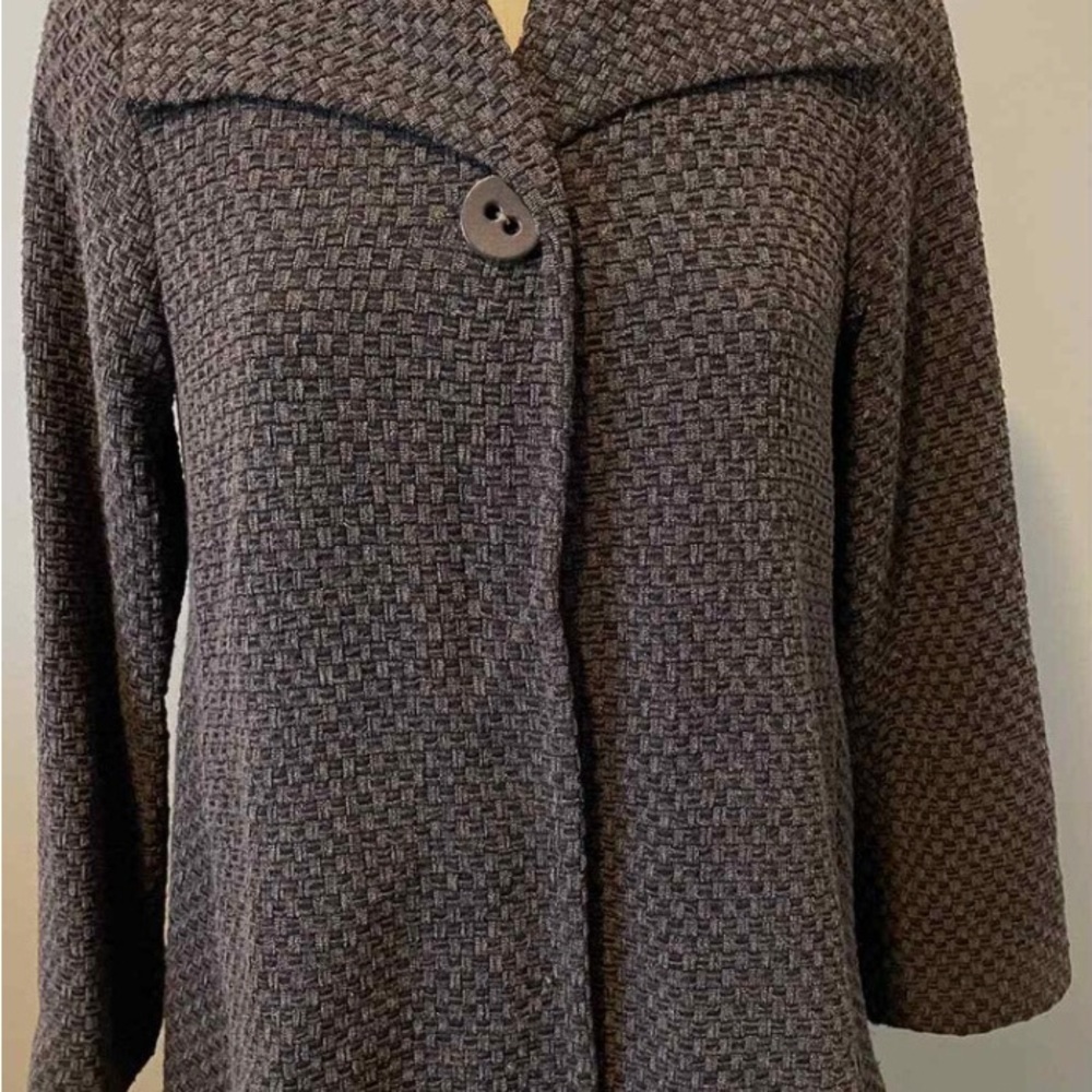 Eileen Fisher 1X Viscose Blend Coat Basketweave Textured One Button Brown